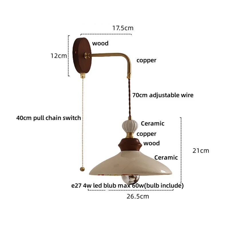 Afralia™ Ceramic LED Wall Light Copper Pull Chain Wood Base Modern Bedside Lamp