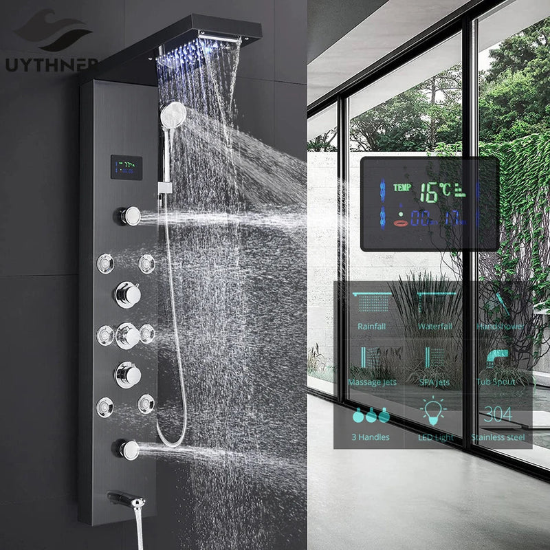 Afralia™ LED Rainfall Shower Panel System with Temperature Screen & Massage SPA