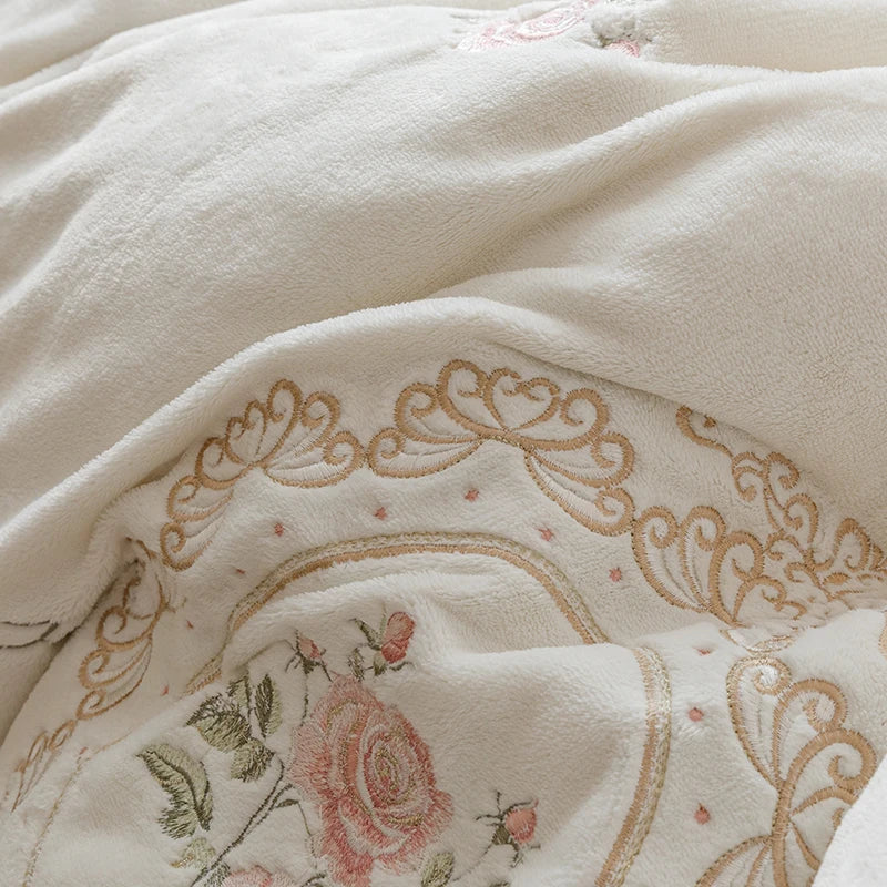 Afralia™ Velvet Rose Flowers Ruffles Princess Bedding Set with Embroidery