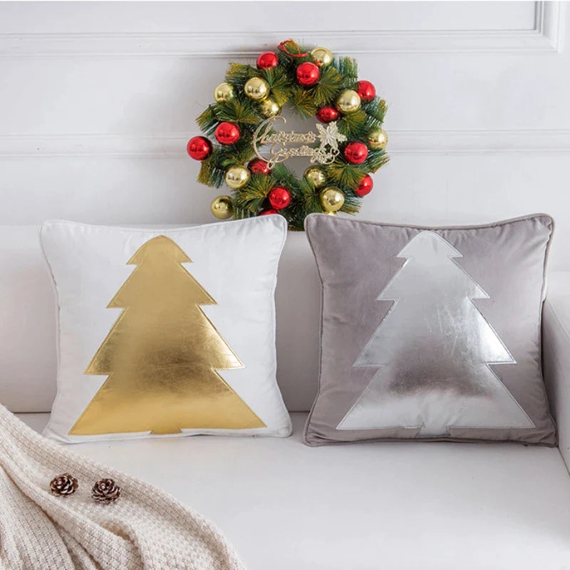 Afralia™ Silver Grey Deer Embroidered Cushion Cover: Stylish Christmas Tree Letter Pillow Case