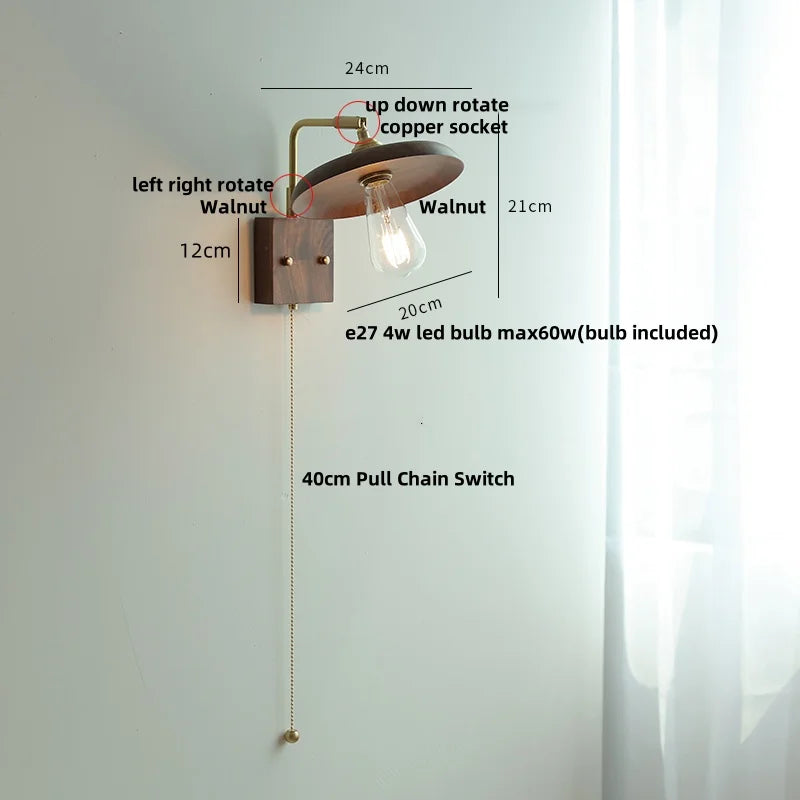 Afralia™ Loft Wood LED Wall Light Fixture Rotatable Bedside Lamp Vintage Walnut