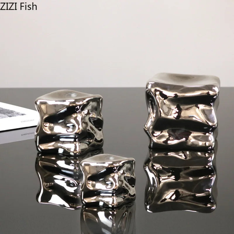 Afralia™ Silver Plated Geometric Cube Sculpture Room Decor