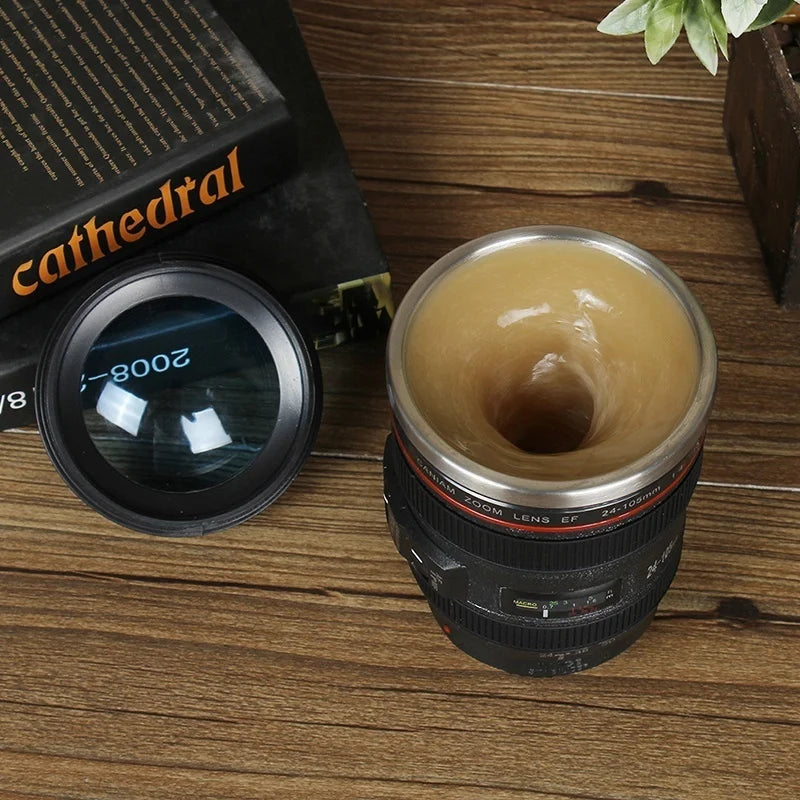 Afralia™ Camera Lens Cup: Electric Self Stirring Coffee Mug, 300ml