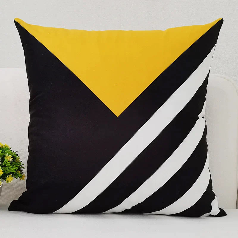 Afralia™ Yellow Geometric Patchwork Polyester Cushion Cover with Black Alphabet Letter