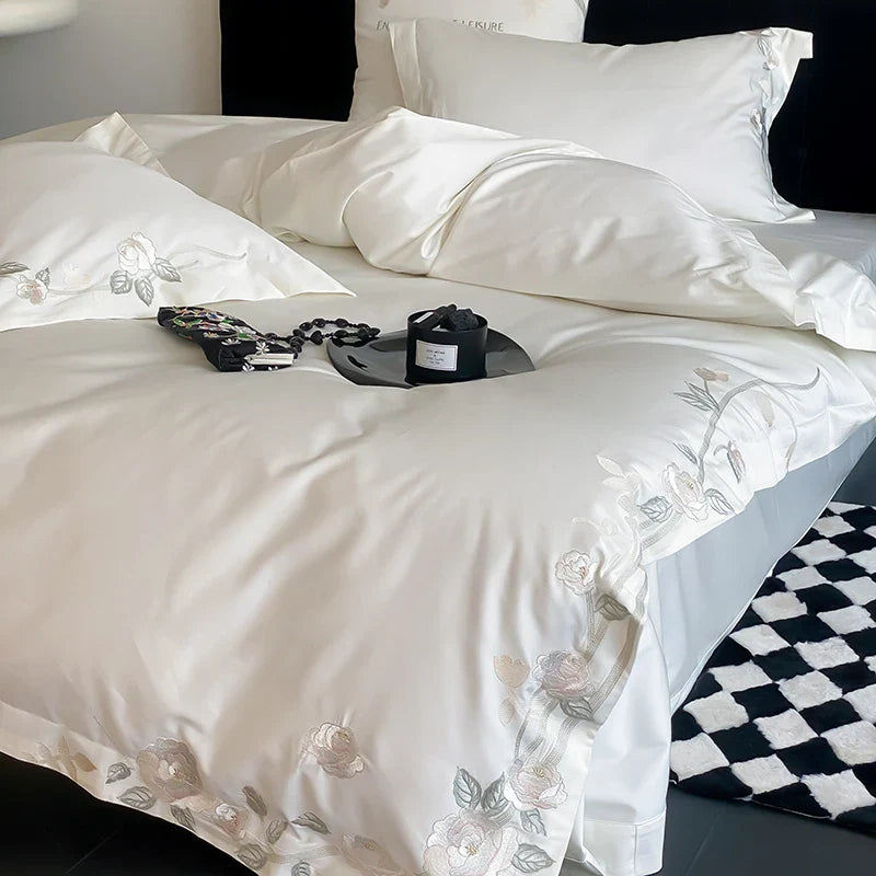 Afralia™ Luxury Rose Embroidery 1000TC Egyptian Cotton Bedding Set with Duvet, Sheet, Pillowcases