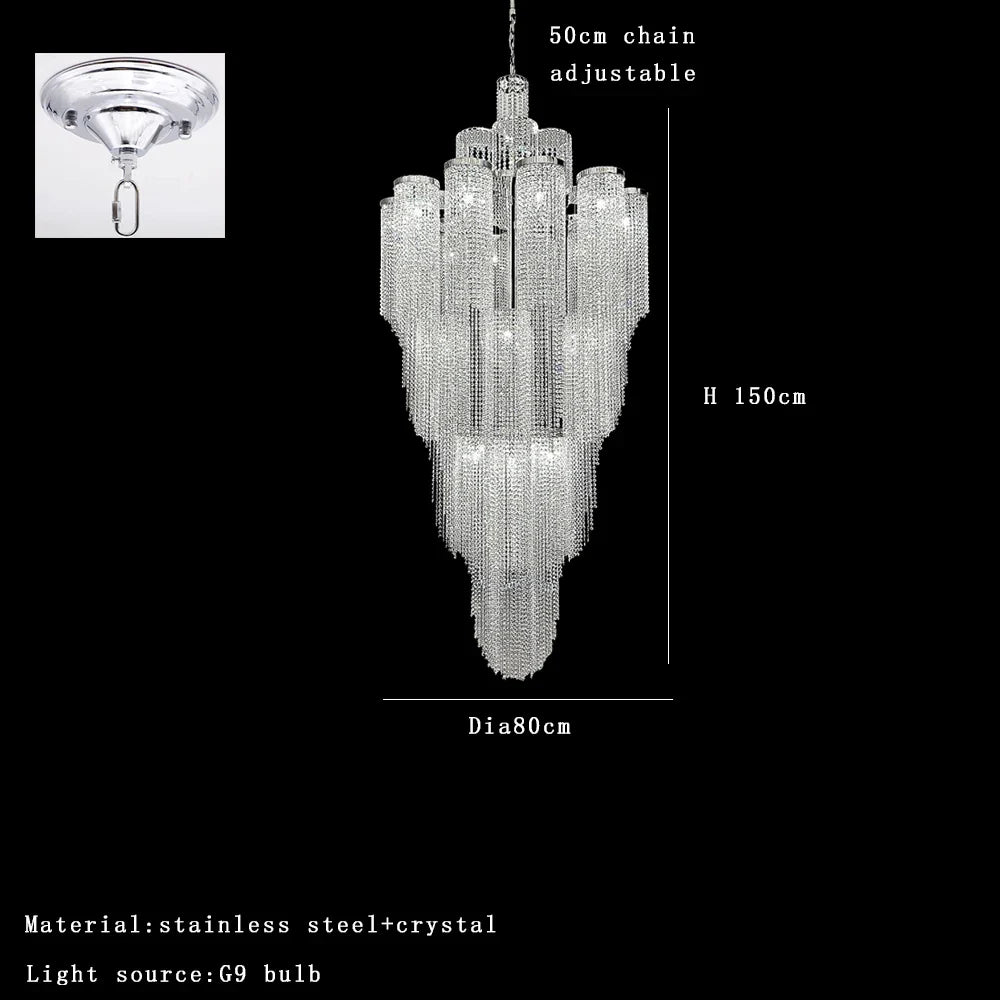 Afralia™ Waterfall Crystal Pendant Light in Silver/Gold - Elegant High Ceiling Villa Duplex Lamp