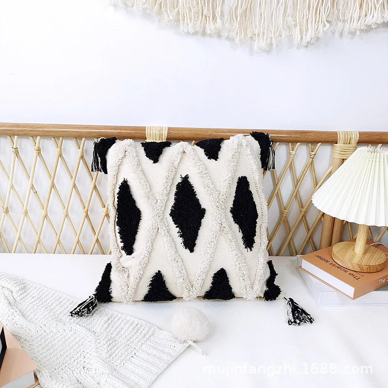 Afralia™ Tufted Fringe Cushion Cover - Boho Beige & Black Decorative Pillow Case