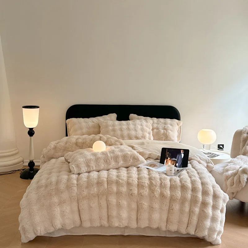 Afralia™ Faux Rabbit Fur Bedding Set, Velvet Plush, Soft & Luxurious 4Pcs