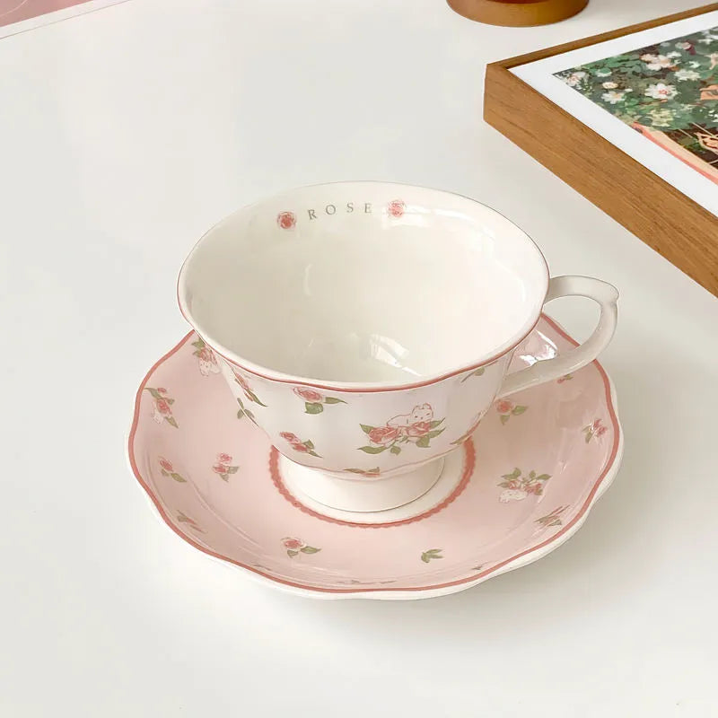 Afralia™ Pink Rose & Rabbit Ceramic Coffee Cup Set - 250ml