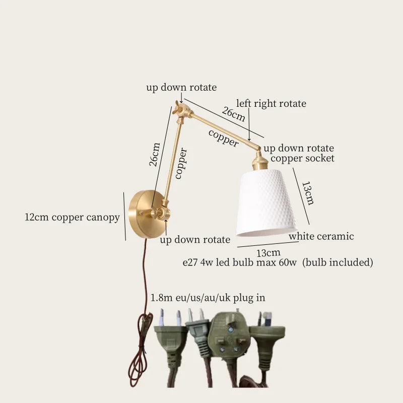 Afralia™ Ceramic LED Wall Lamp, Pull Chain Switch, Nordic Copper, Small Size