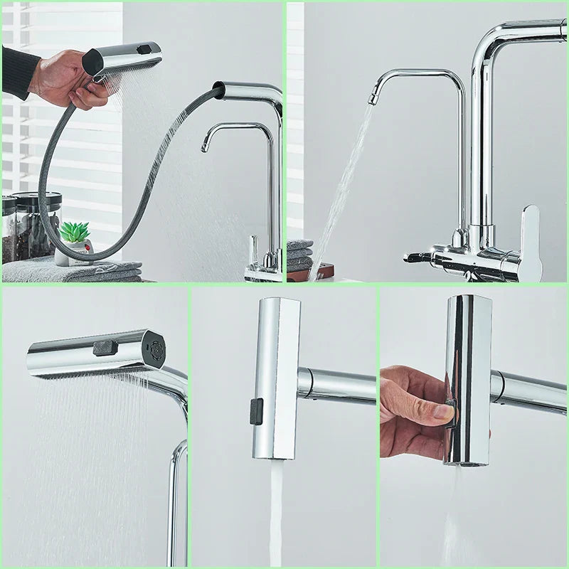 Afralia™ 3-Mode Waterfall Kitchen Faucet with 360° Rotation and Pull Out Spray