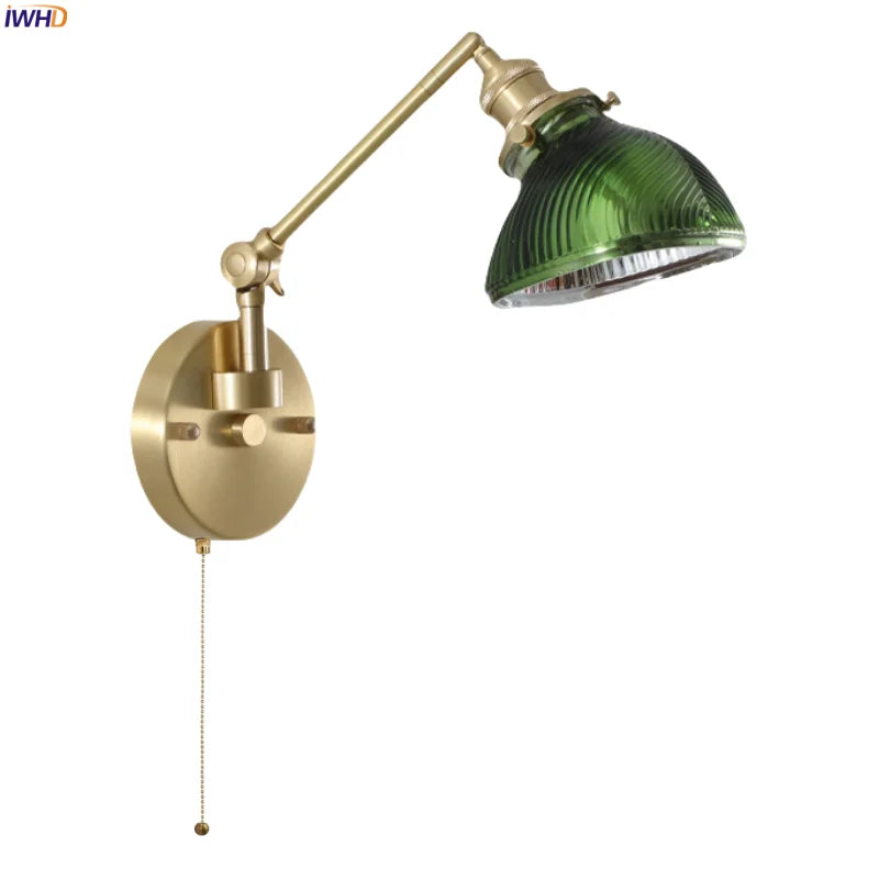 Afralia™ Vintage Brass Glass LED Wall Light with Pull Chain, Left Right Rotate Mirror Design
