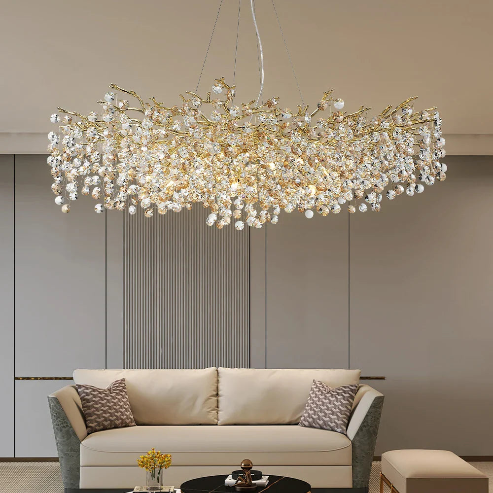 Afralia™ Sun Crystal Gold Lustre Chandelier: Nordic Villa Restaurant LED Ceiling Lamps