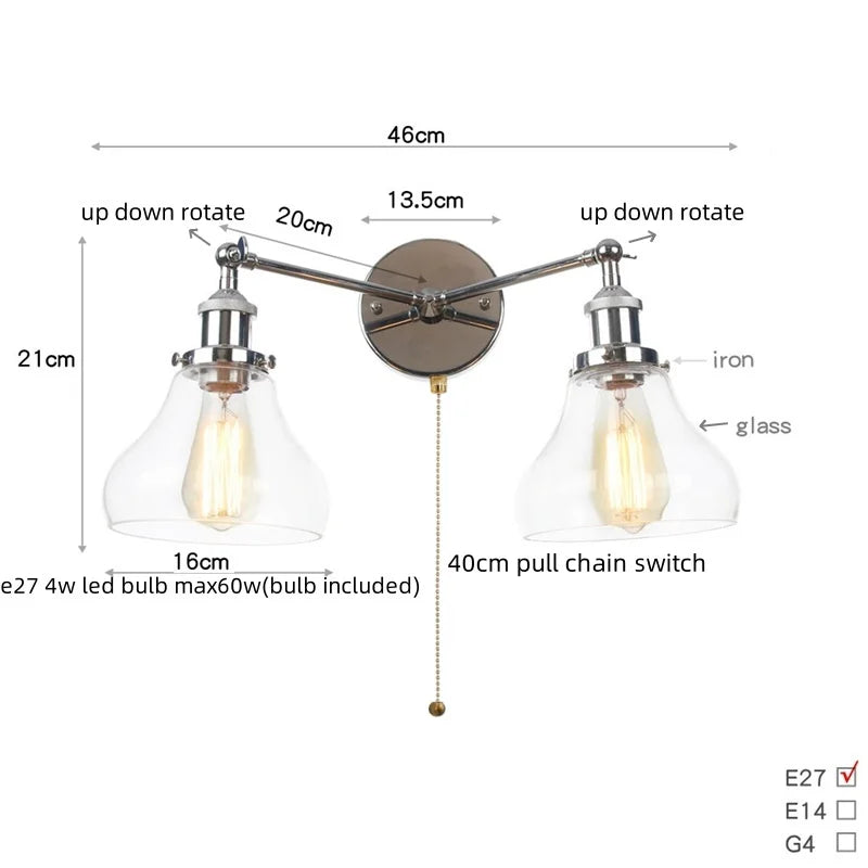 Afralia™ Retro LED Wall Light with Pull Chain Switch, 2 Heads Sconce for Living Room
