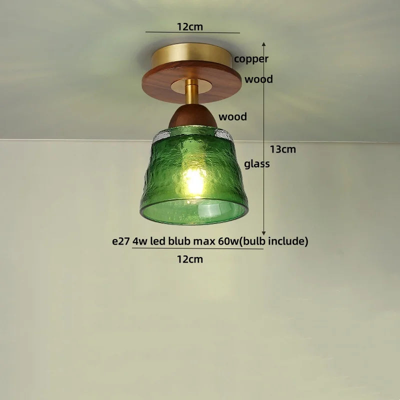 Afralia Wood Copper LED Ceiling Light Amber Glass Plafond Lamp