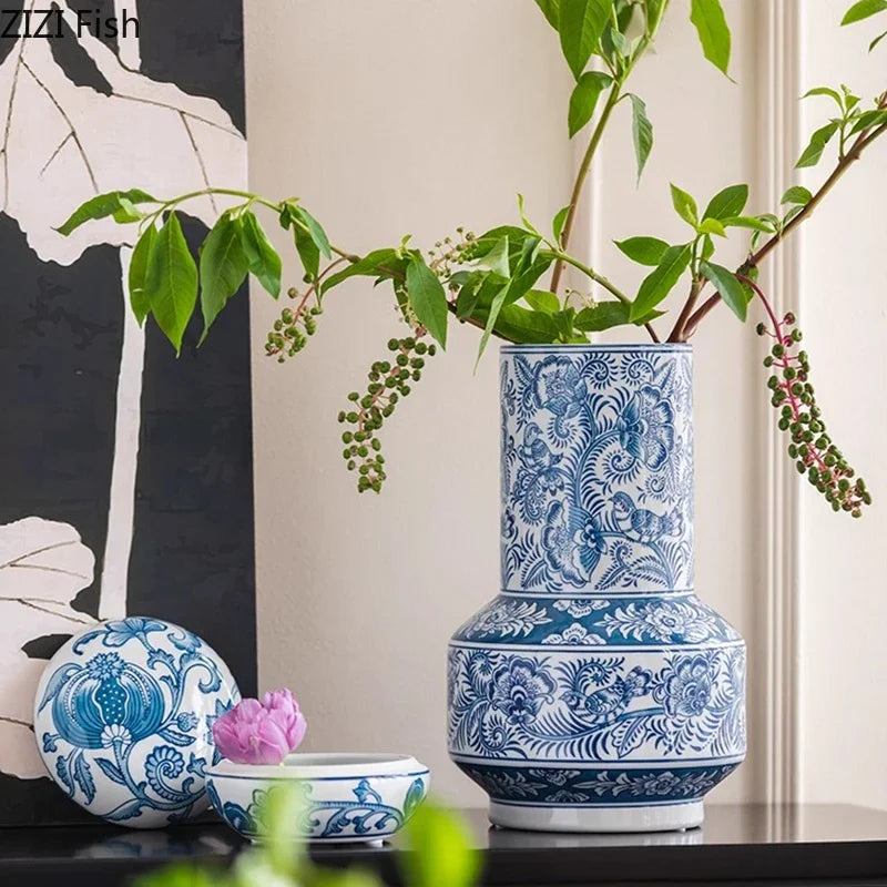 Blue & White Porcelain Vase with Flower & Bird Patterns by Afralia™: Elegant Table Decoration & Plant Pot