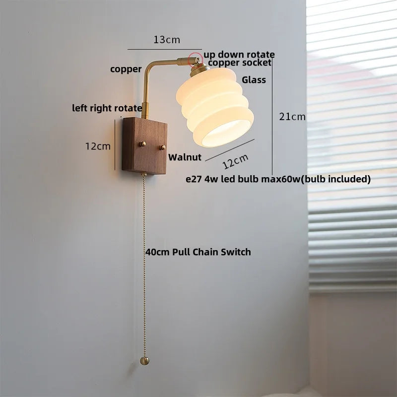 Afralia™ Walnut Wood Rotatable LED Wall Sconce White Glass Bedside Lamp