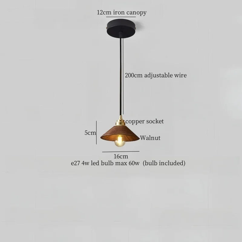 Afralia™ Japanese LED Pendant Light Vintage Style Wood Copper Hanging Lamp