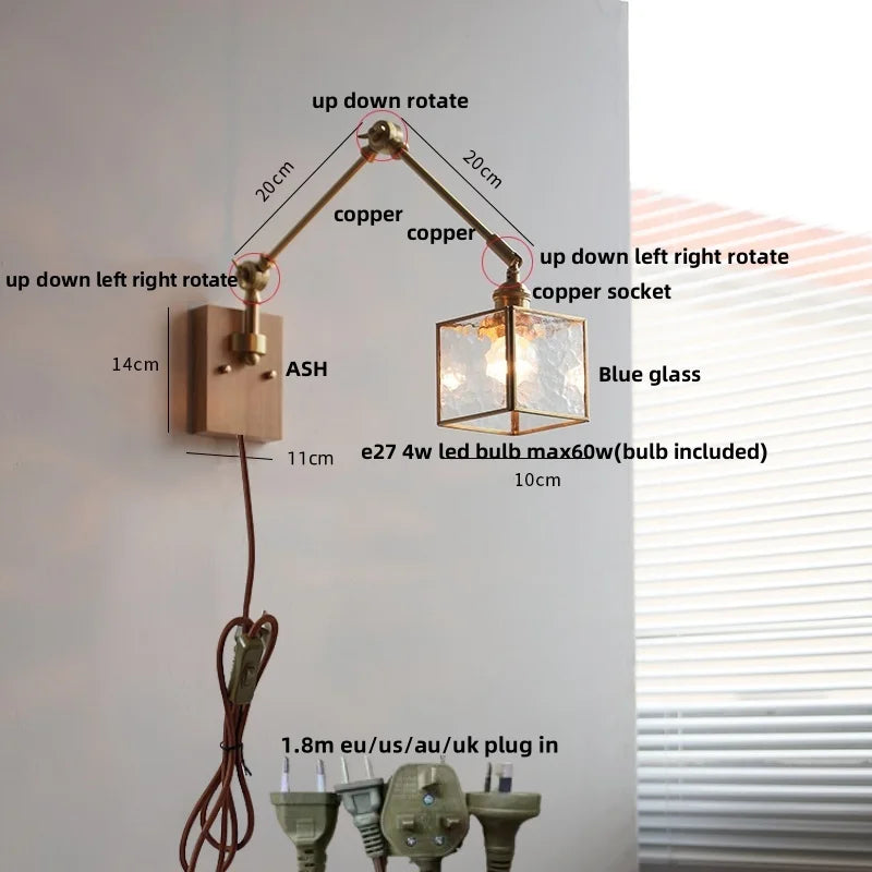 Afralia™ Ash Wood LED Swing Arm Wall Light with Pull Chain Switch & Blue Glass