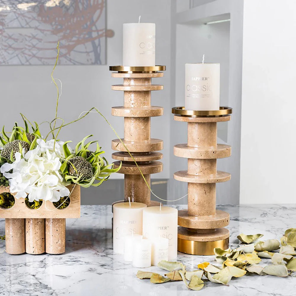 Afralia™ Beige Brown Travertine Marble Candle Holder with Metal Base