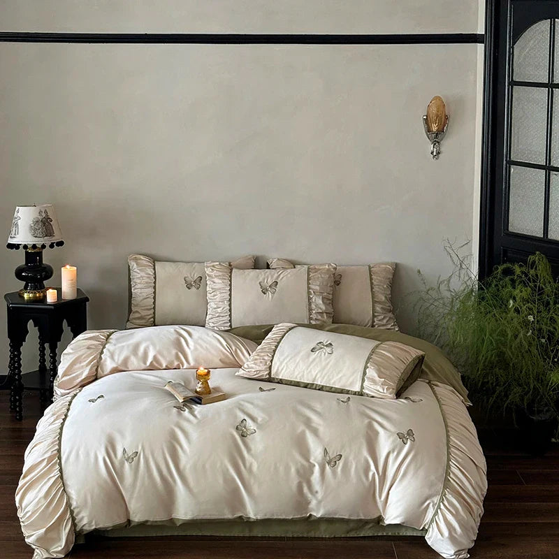 Afralia™ Butterfly Embroidery 1000TC Egyptian Cotton Bedding Set with Duvet Cover, Sheet, Pillowcases