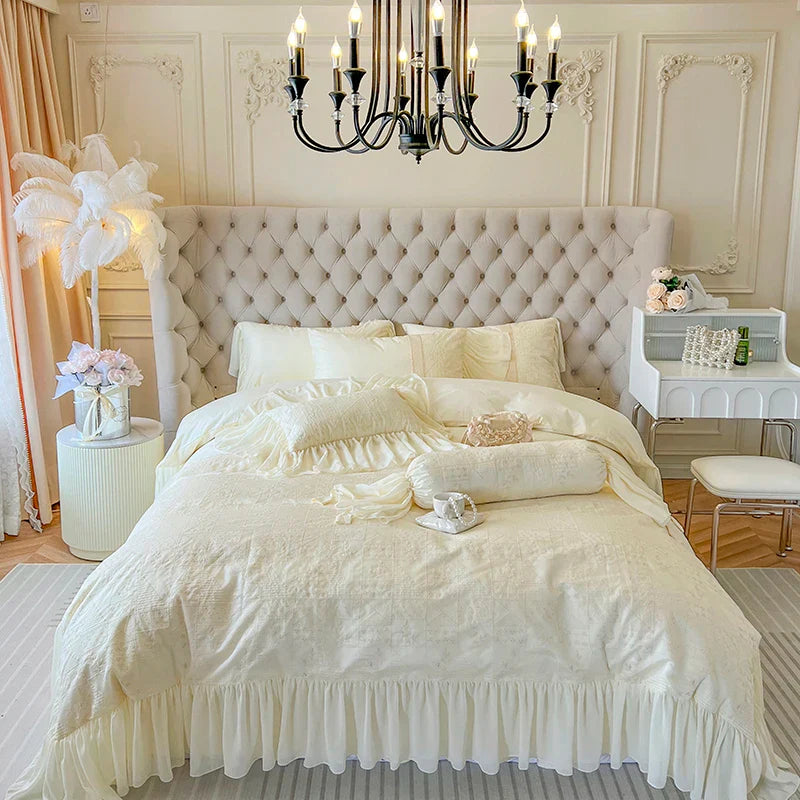Afralia™ French Vintage Lace Ruffles Beige Cotton Princess Wedding Bedding Set
