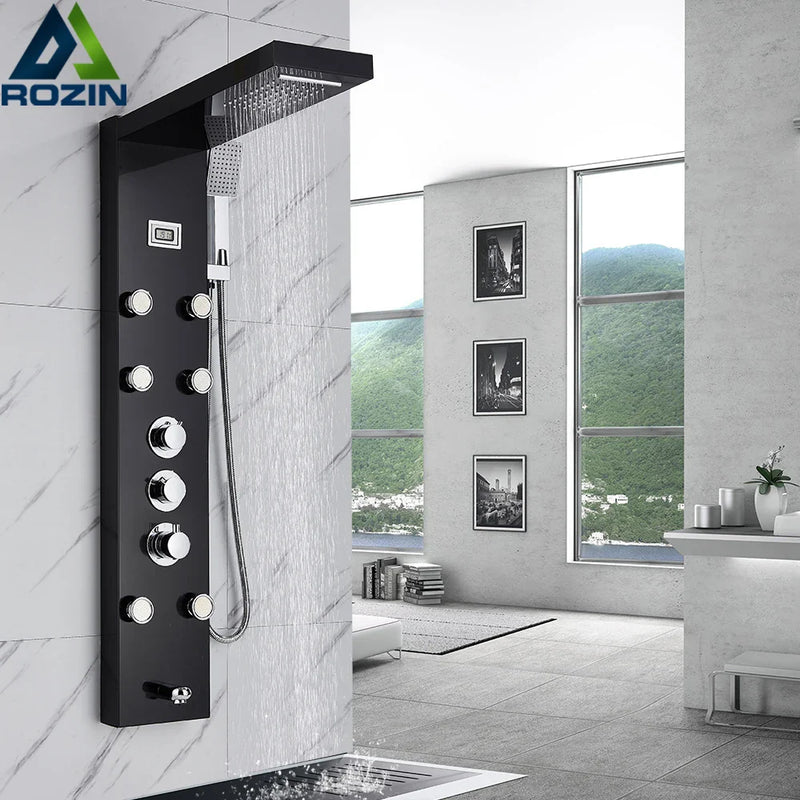 Afralia™ Stainless Steel Thermostatic Shower Panel Faucet with 5 Modes & Rainfall Massage