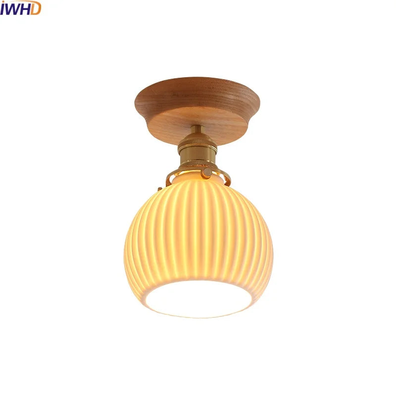 Afralia™ White Ceramic LED Ceiling Light with Wood Canopy for Kitchen and Living Room