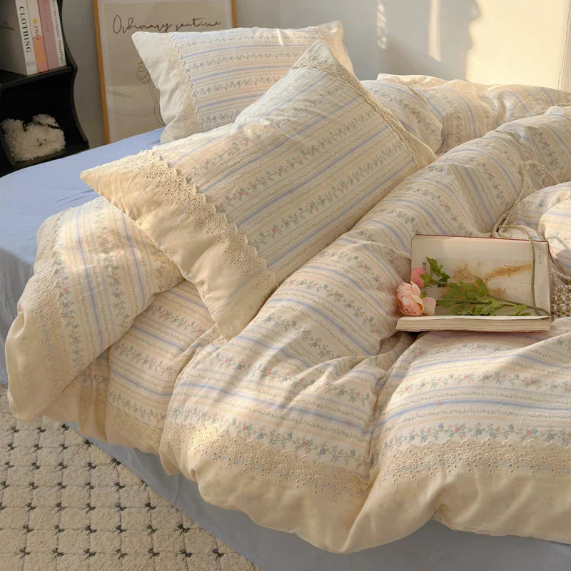 Afralia™ Lavender Lace Bedding Set: Single Queen Size Duvet, Sheet, Pillowcases