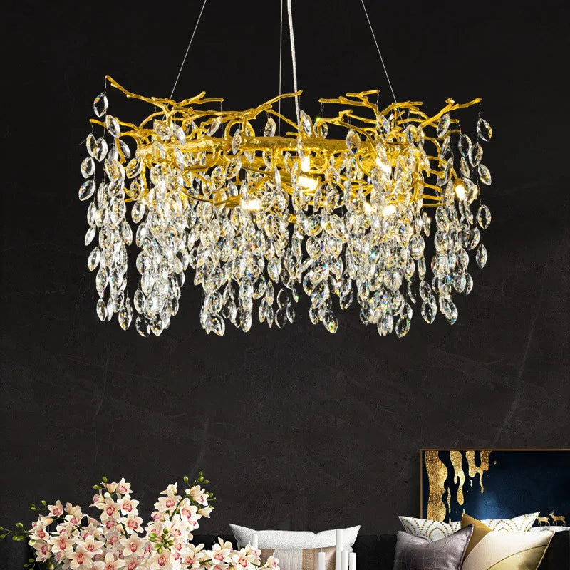 Afralia™ Golden Crystal Tree Chandelier, Luxury Matte Aluminum Art Ceiling Light for Living Room