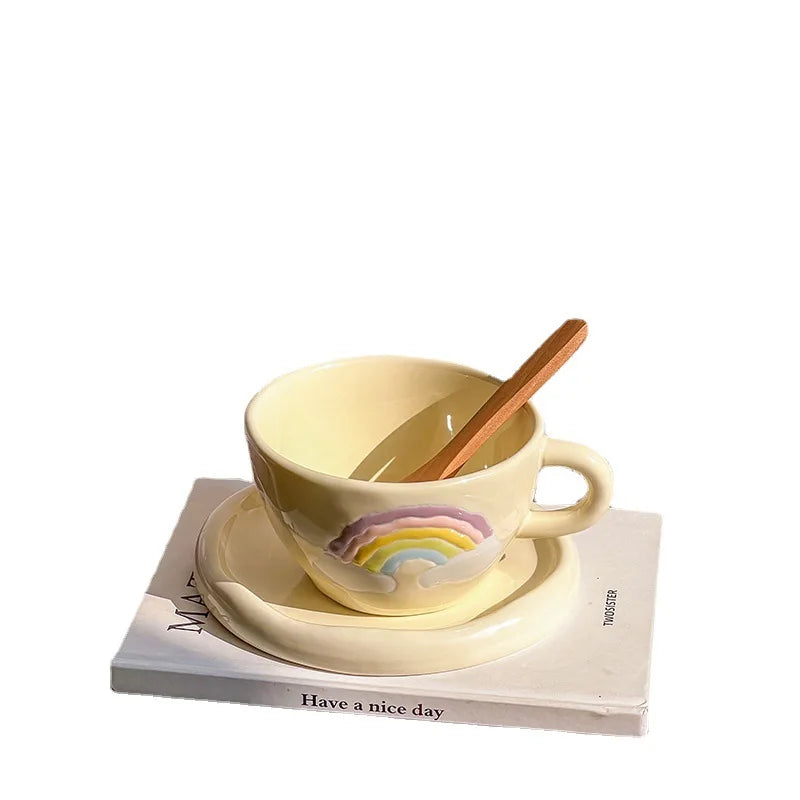 Afralia™ Rainbow Ceramic Coffee Mug Set with Tray Saucer, 250ml Korean Style