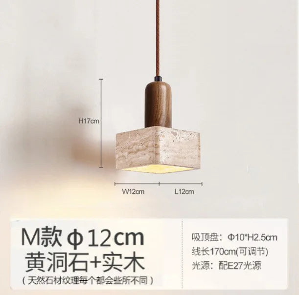 Afralia™ Japanese Wooden Stone Chandelier Pendant Light, Wabi-Sabi Style Yellow Cavity-Stone Lamp