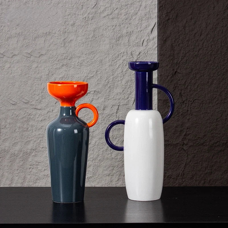 Afralia™ Geometric Semicircle Handle Ceramic Vase, Home Decor Handicraft Accessory