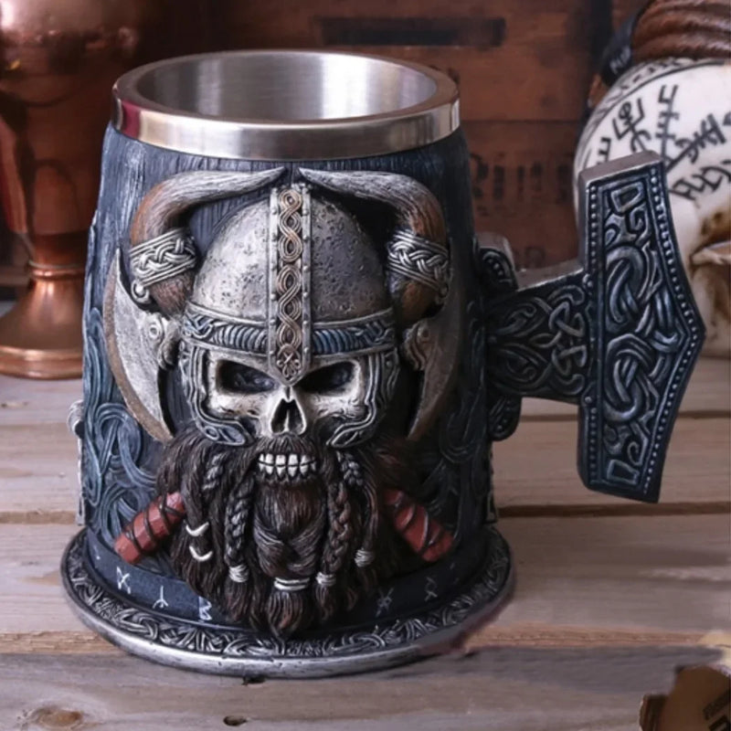 Afralia™ Viking Skull Stainless Steel Beer Mug Pirate Stein Tankard Bar Decor