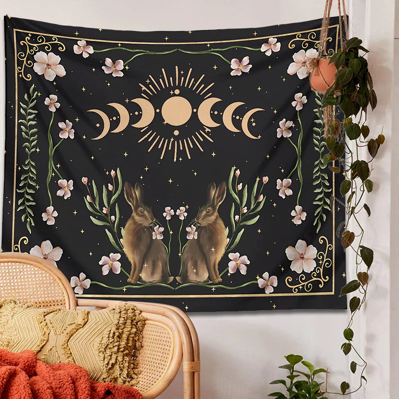 Afralia™ Moon Phase Rabbit Tarot Cloth Celestial Botanical Wall Hanging