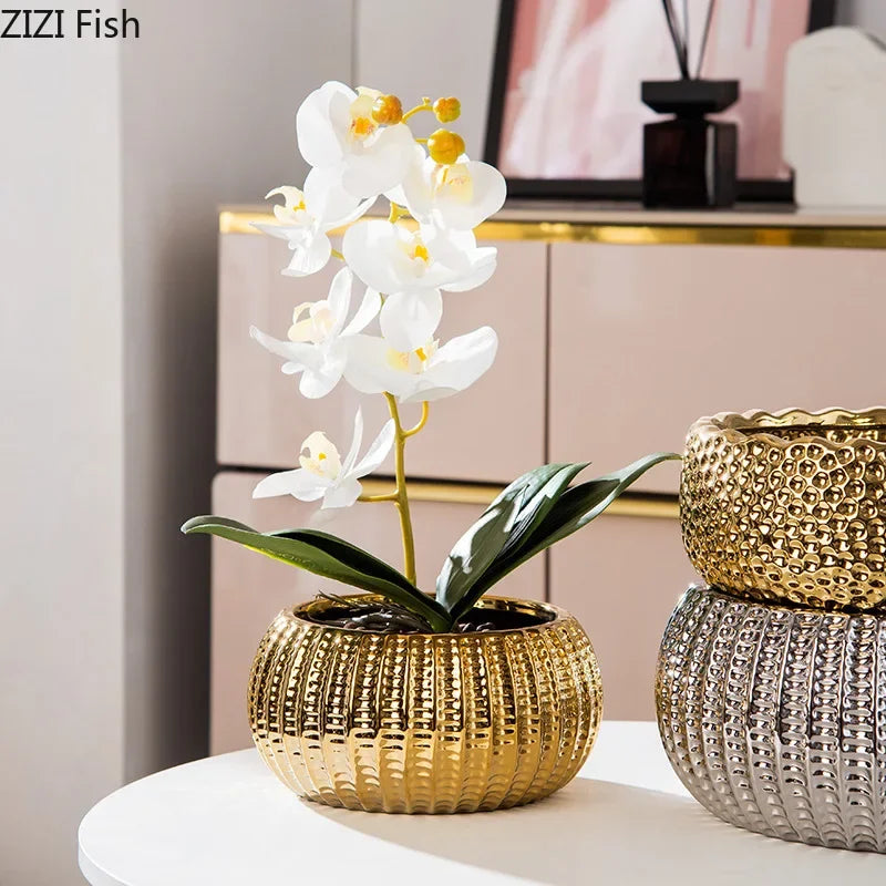 Afralia™ Ceramic Floral Vase Desk Decoration Golden/Silver Plated Artificial Flower Pot