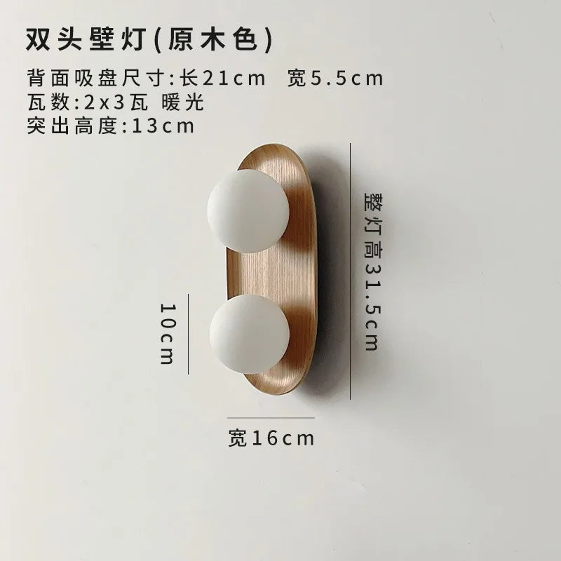 Afralia™ Round Glass LED Wall Lamp Double Head Solid Wood Minimalist Designer