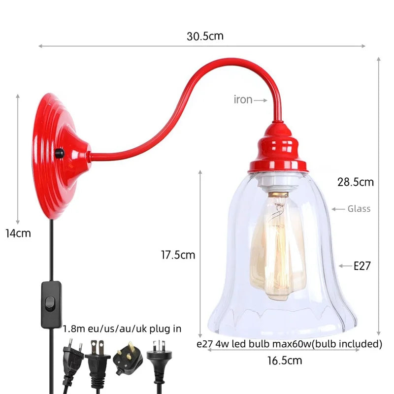 Afralia™ Vintage Loft Red Glass LED Wall Lamp for Indoor Living Spaces
