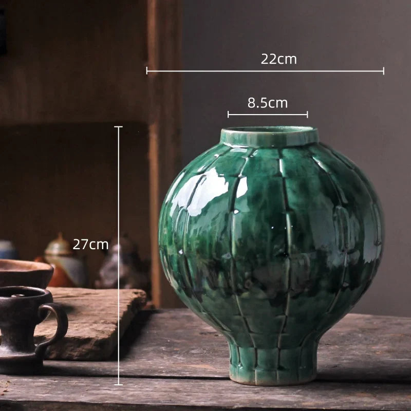 Afralia™ Green Ceramic Spherical Vase Geometric Lattice Design Home Decor Accessory