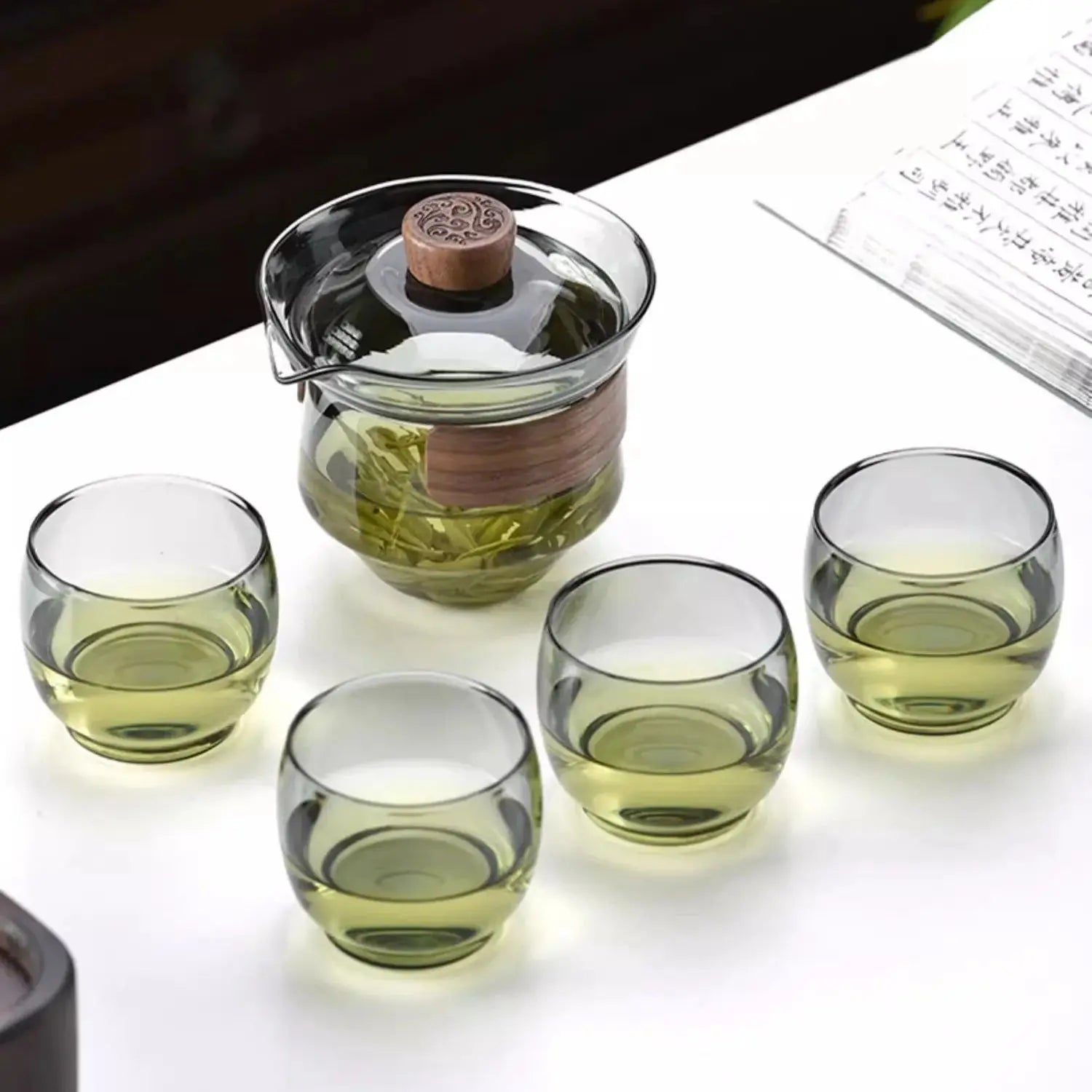 Afralia™ Glass Teapot Set: Chinese Kung Fu Tea Bamboo Tray & Quick Drain Storage