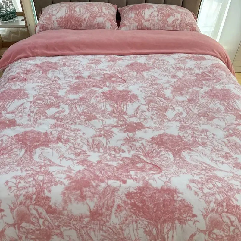 Afralia™ Forest Plants Prints Velvet Bedding Set, Winter Warm, 4Pcs: Duvet Cover, Sheet, Pillowcases
