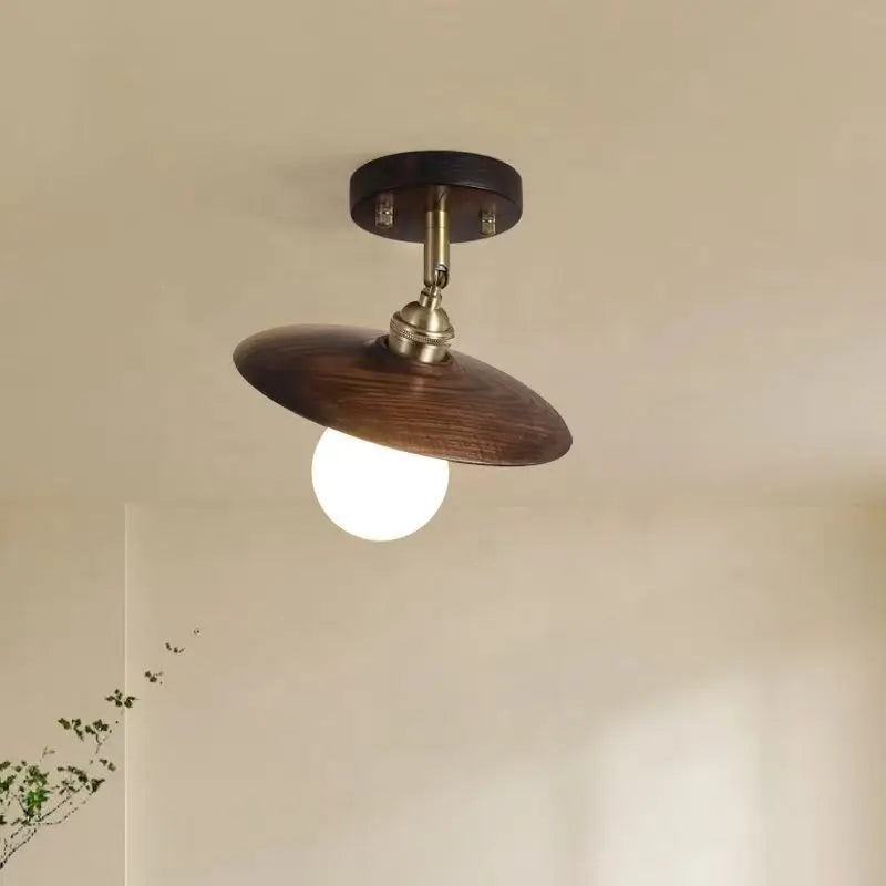 Afralia™ Retro Wood LED Ceiling Light Fixture Copper Rotate Luminaire