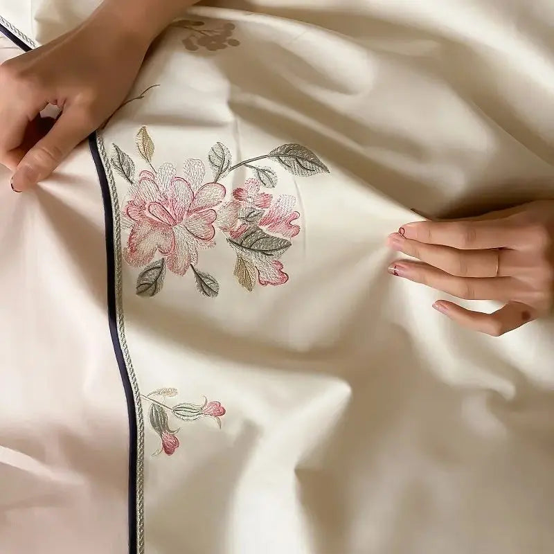 Afralia™ Chinese Flowers Embroidery Luxury Bedding Set - 1000TC Egyptian Cotton Duvet Cover, Flat Sheet, Fitted Sheet, Pillowcases