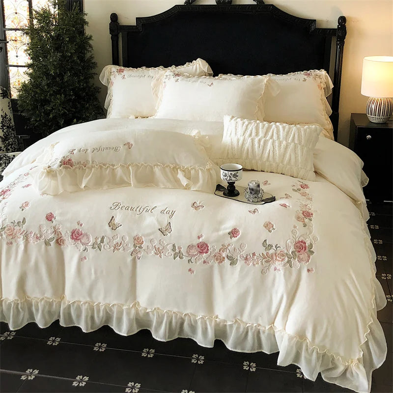Afralia™ Rose Butterfly Embroidery Velvet Bedding Set with Lace Details
