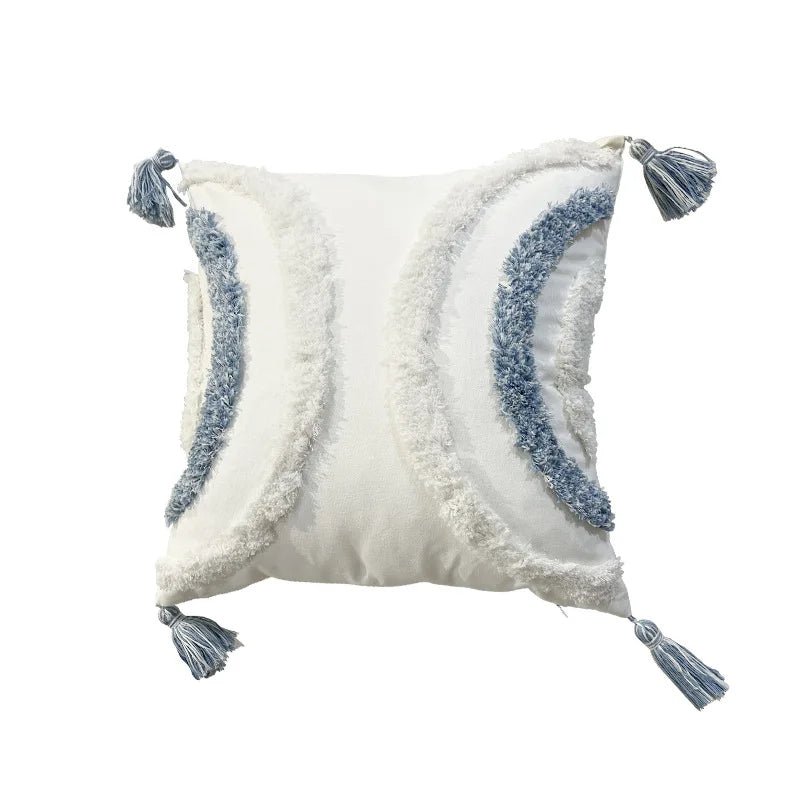 Afralia™ Geometric Diamond Tufted Embroidery Pillowcases - Blue & White Fringed, 45x45/30x50cm