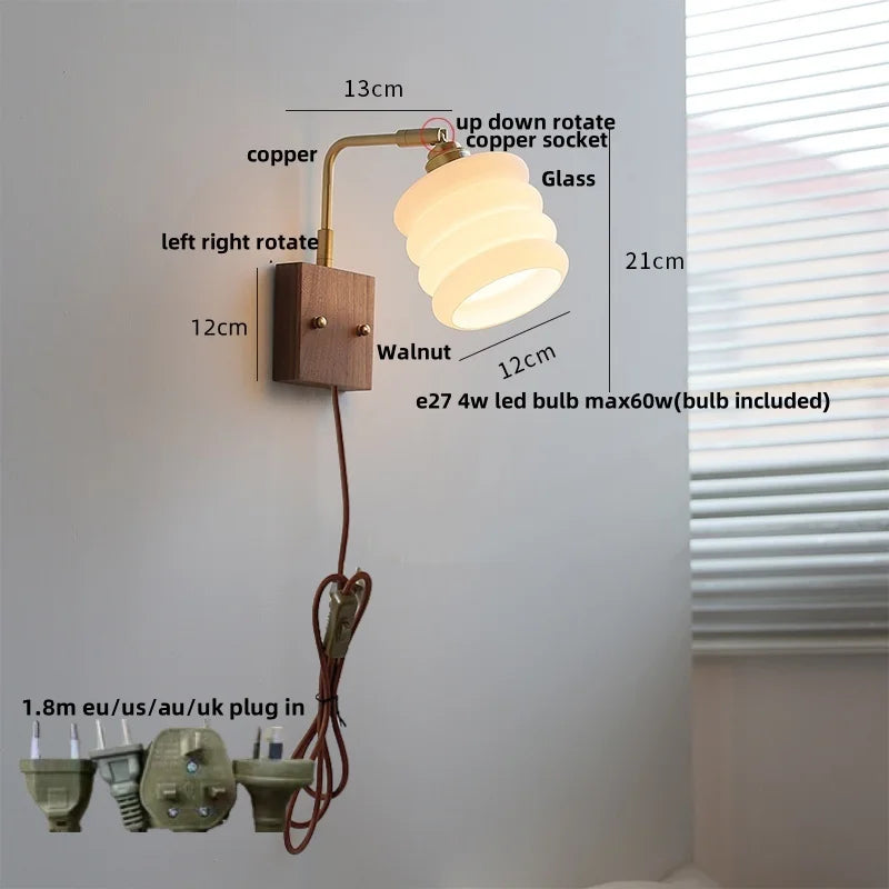 Afralia™ Glass Ceramic LED Wall Sconce Walnut Wood Nordic Modern Rotatable Mirror Light