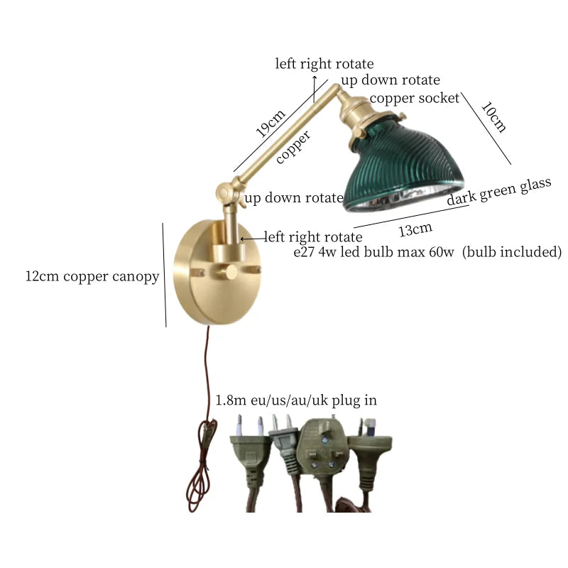 Afralia™ Vintage Brass Glass LED Wall Light with Pull Chain, Left Right Rotate Mirror Design