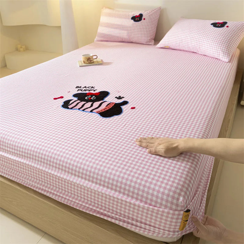 Afralia™ Cartoon Embroidered Fitted Sheet Single Bed Cover, 100% Cotton, All Seasons, Anti-Slip