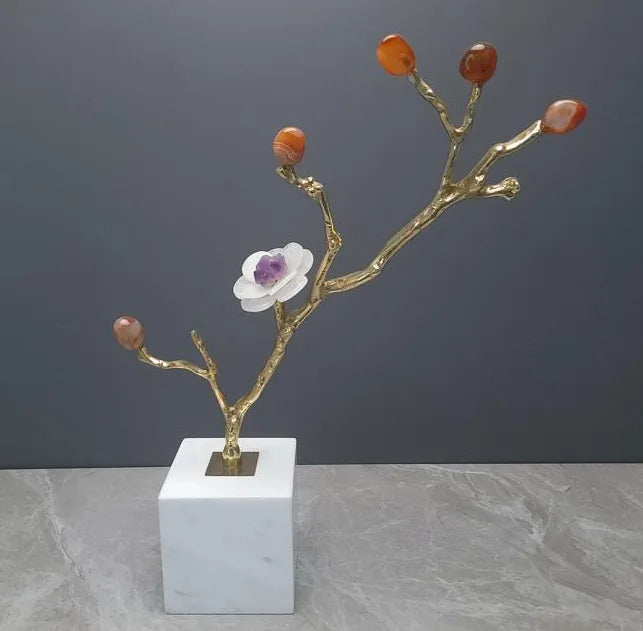 Afralia™ Crystal Flower Tree Sculpture: Golden Branches with Marble Base