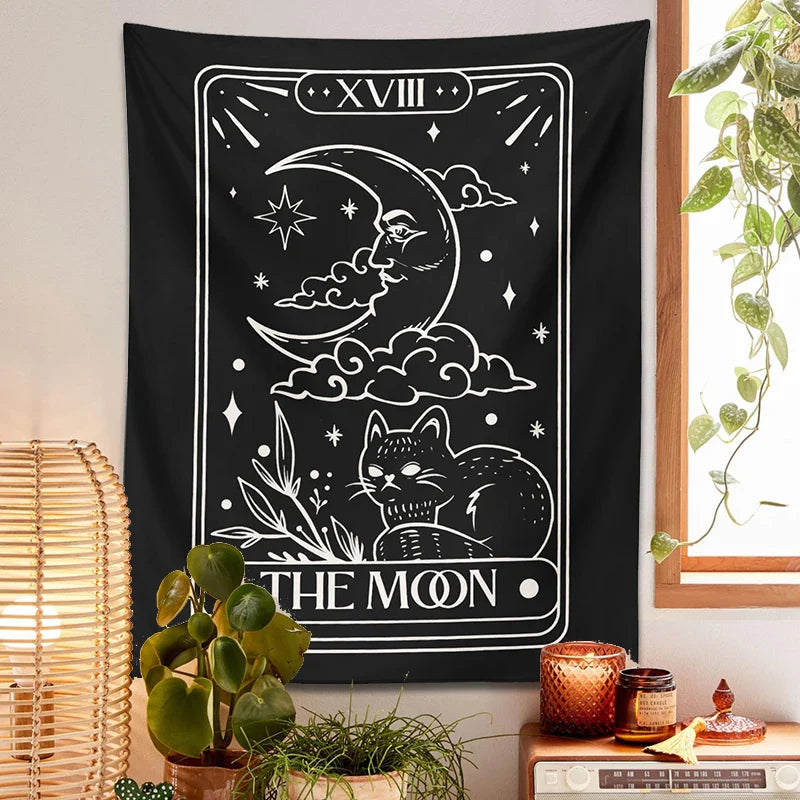 Moon Cat Tapestry Wall Hanging for Mystic Aesthetic by Afralia™